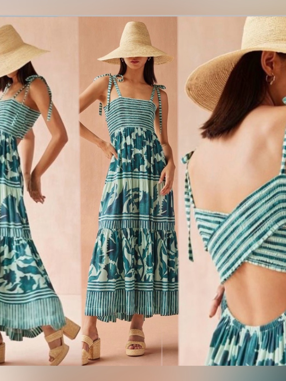 Omika Lana Striped & Floral Teal Tie-Shoulder Maxi Dress size Medium.